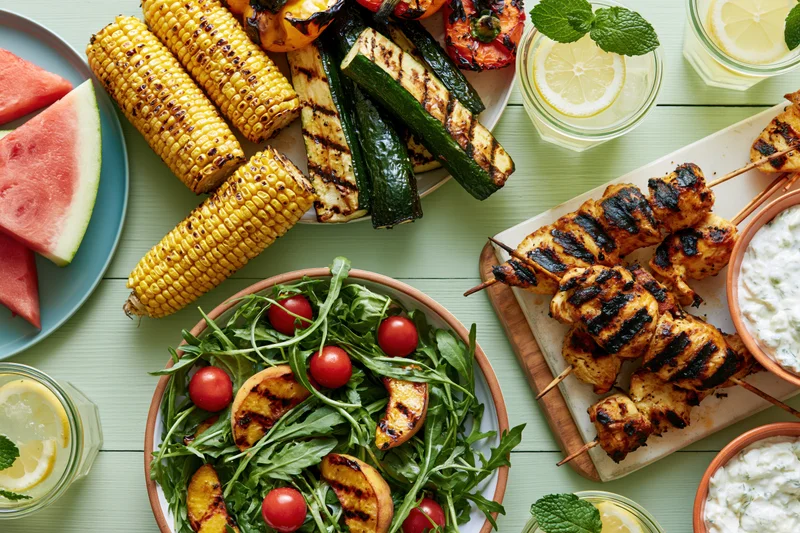 Overhead view of grilled summer barbecue spread with corn, chicken skewers, vegetables, salad, watermelon, and lemon drinks on a pale green wooden table