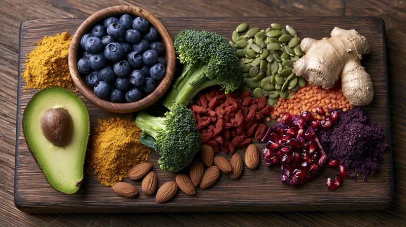 Superfoods arranged in a flat lay on a dark wooden cutting board