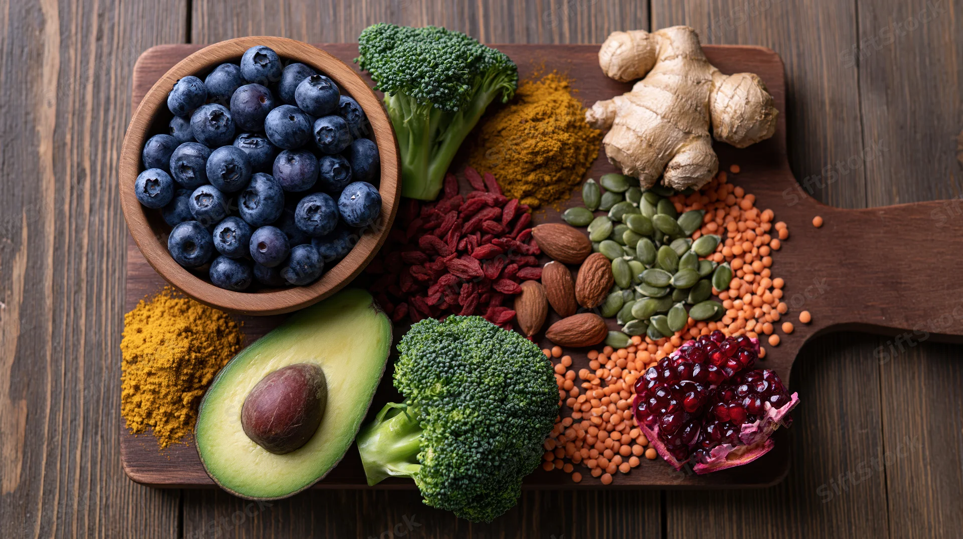 Superfoods arranged on a dark wooden cutting board in overhead flat lay view