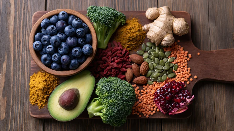 Superfoods arranged on a dark wooden cutting board in overhead flat lay view