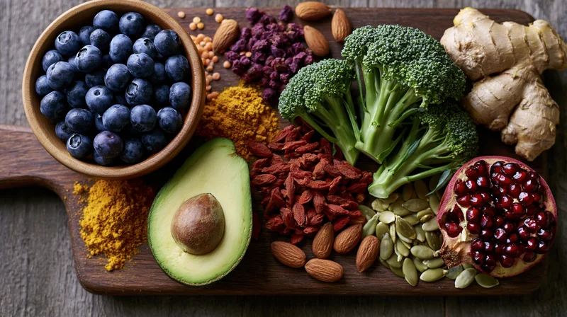 Superfoods arranged on a dark wooden cutting board in overhead flat lay view