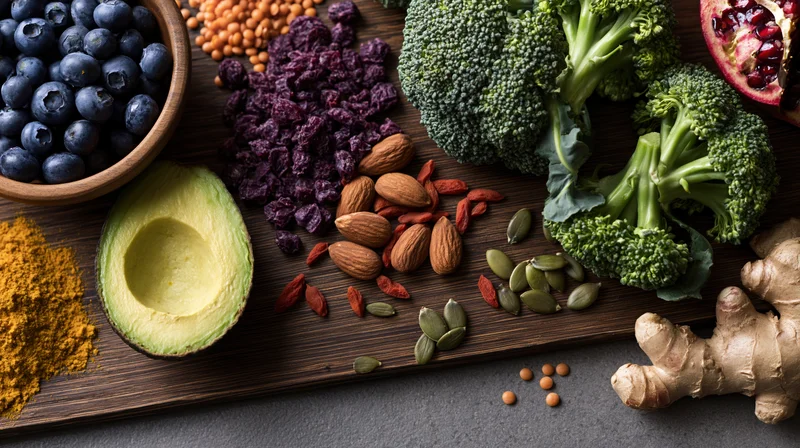 Overhead flat lay of superfoods arranged on dark wooden cutting board