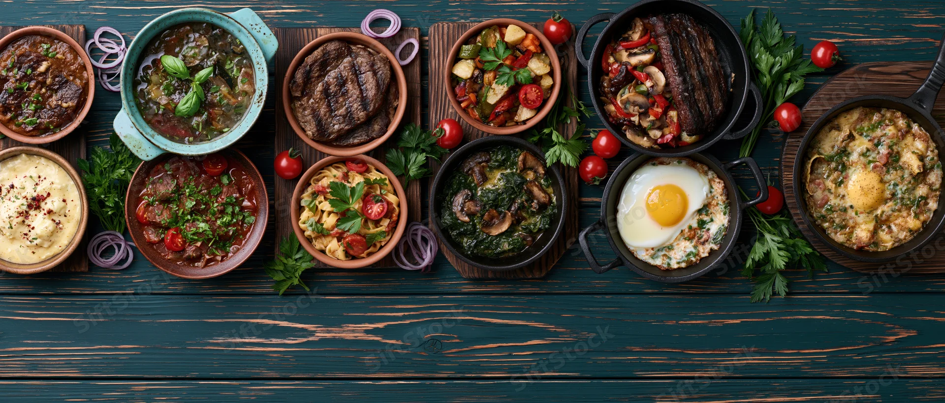 Overhead flat lay of various restaurant dishes arranged on a dark wooden table