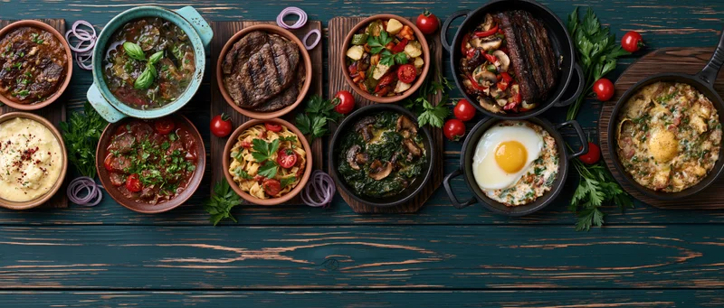 Overhead flat lay of various restaurant dishes arranged on a dark wooden table