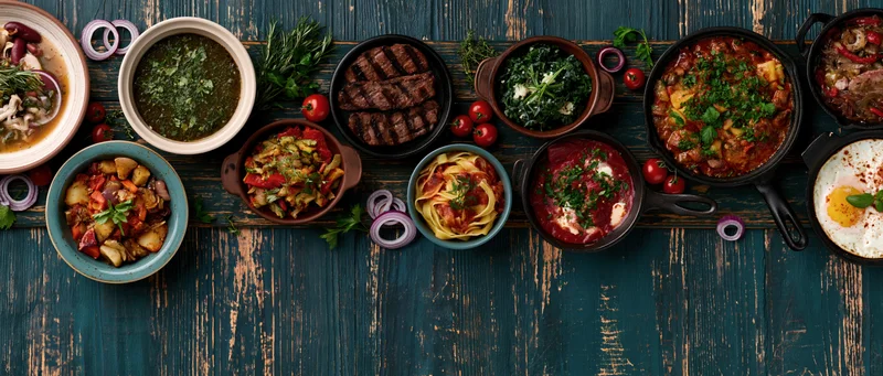 Overhead flat lay of various restaurant dishes arranged on a dark blue wooden table