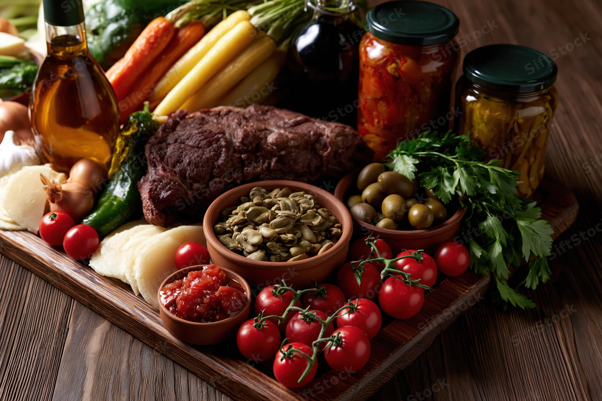 Overhead view of a rustic food spread with meat, vegetables, herbs, and condiments arranged on a dark wooden table