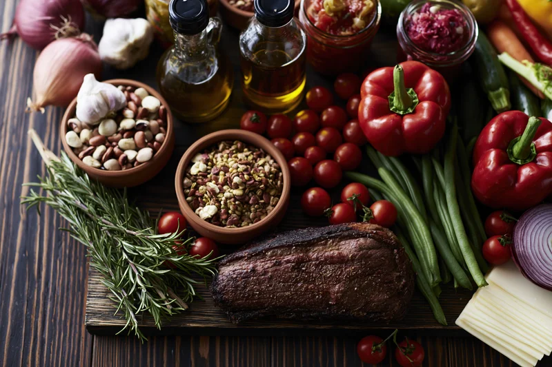 Grilled meat with vegetables and herbs arranged on a dark wooden table