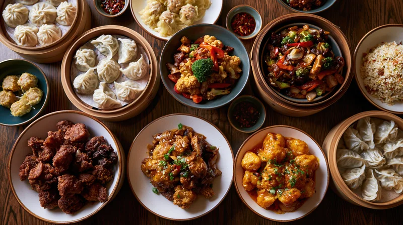 Overhead view of a chinese banquet spread with dim sum, stir-fries, and rice on a wooden table