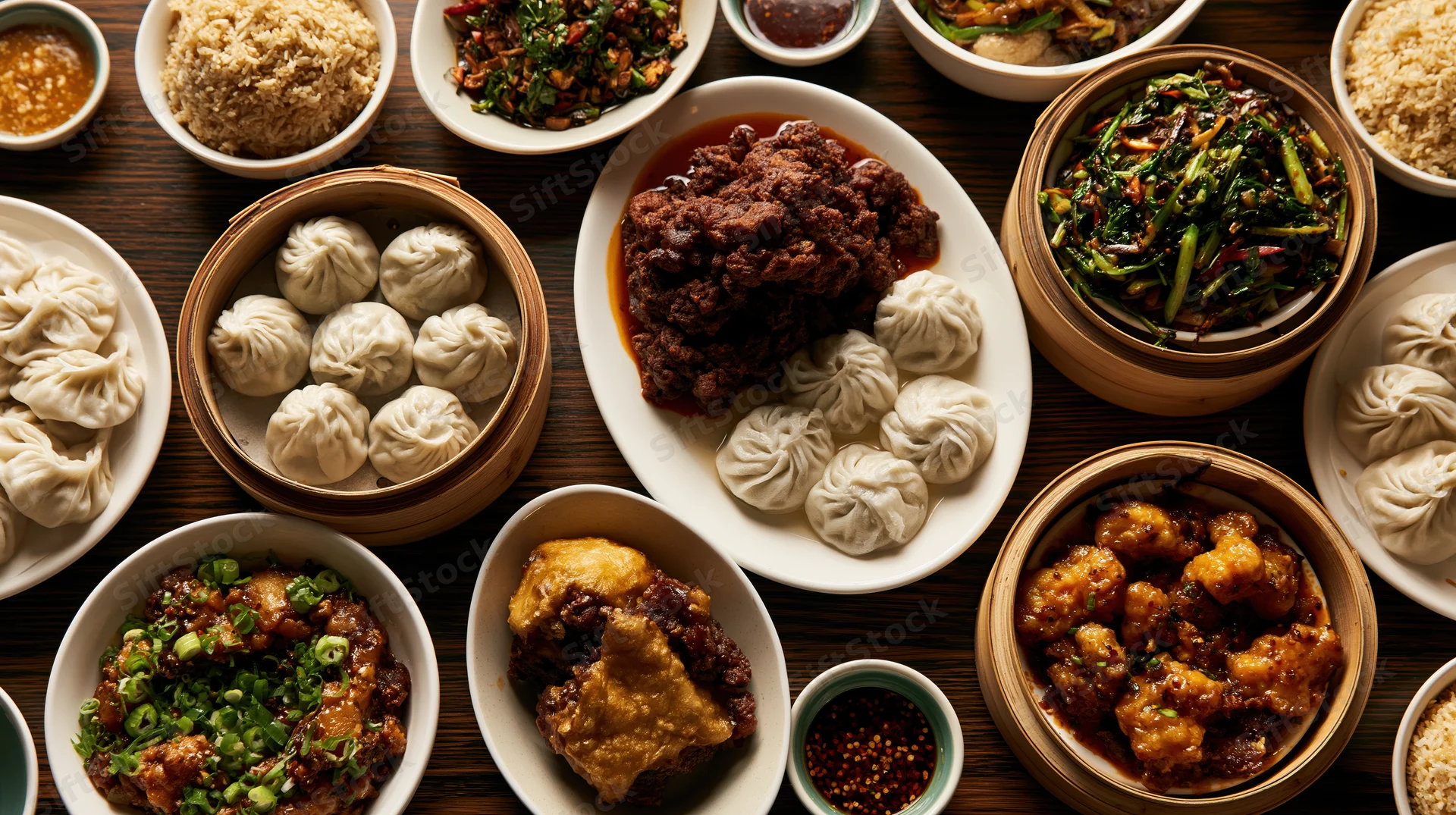 Overhead view of a chinese banquet spread with dim sum, steamed dumplings, stir-fried vegetables, and various sauces on a dark wooden table