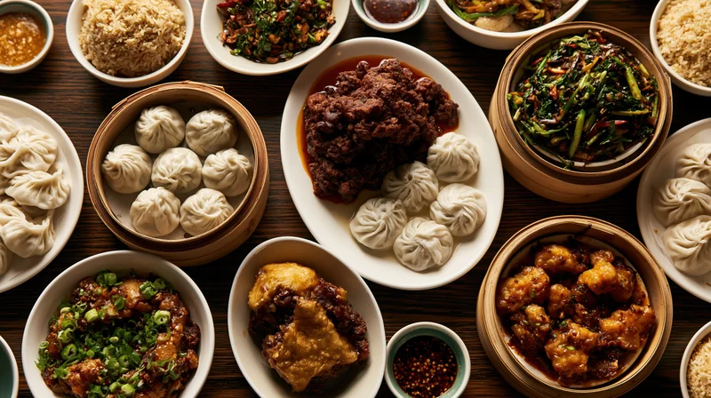 Overhead view of a chinese banquet spread with dim sum, steamed dumplings, stir-fried vegetables, and various sauces on a dark wooden table