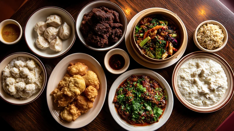 Overhead view of a chinese banquet spread with multiple dishes on a wooden table