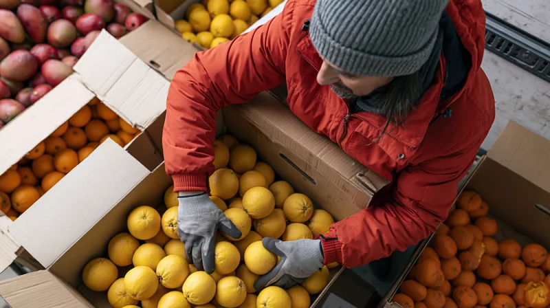 Worker sorting lemons in cardboard boxes at a cold storage facility