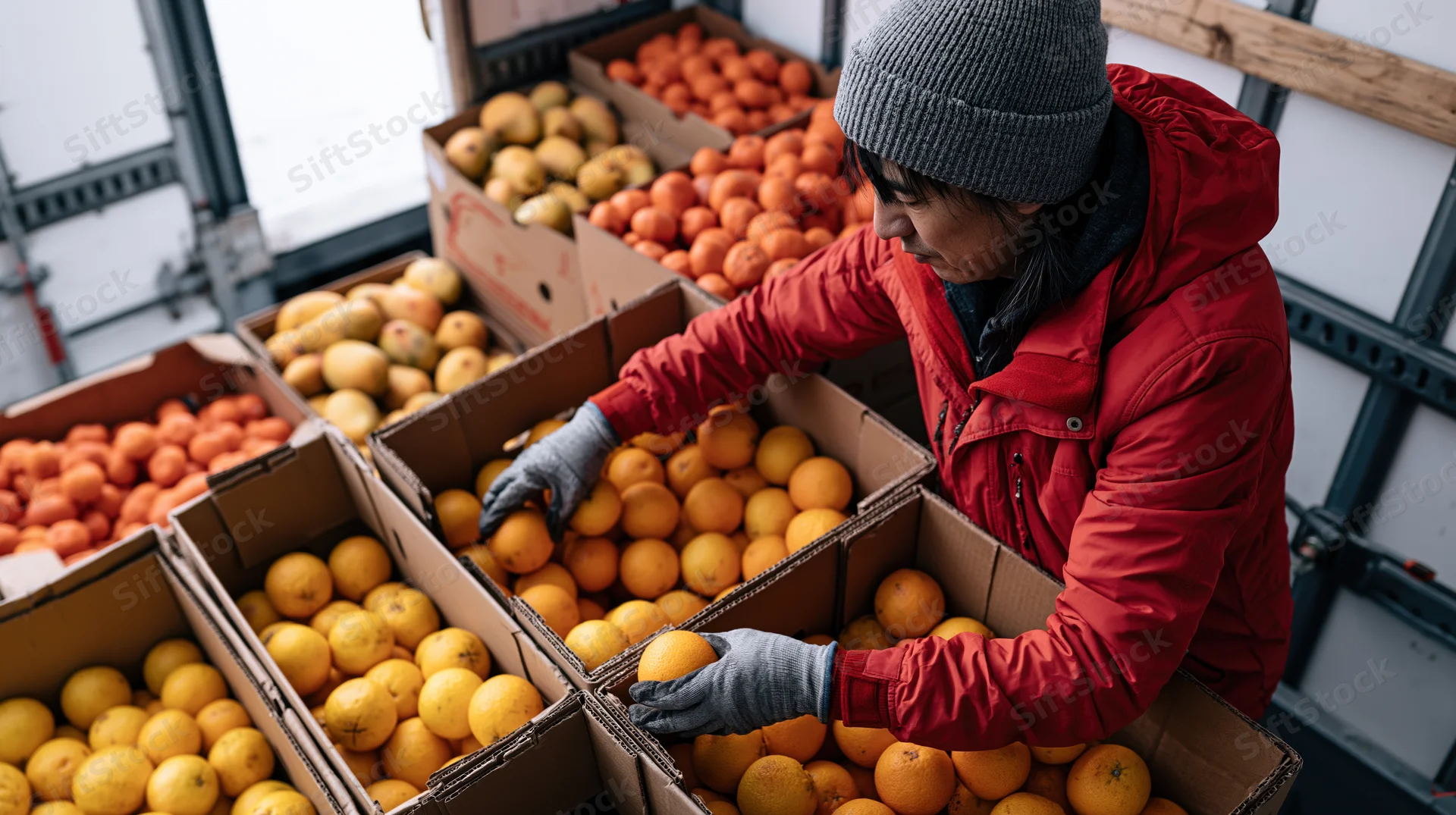 Woman in red jacket and grey beanie sorting oranges and lemons into cardboard boxes in a warehouse loading area