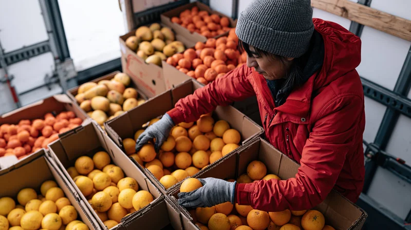 Woman in red jacket and grey beanie sorting oranges and lemons into cardboard boxes in a warehouse loading area