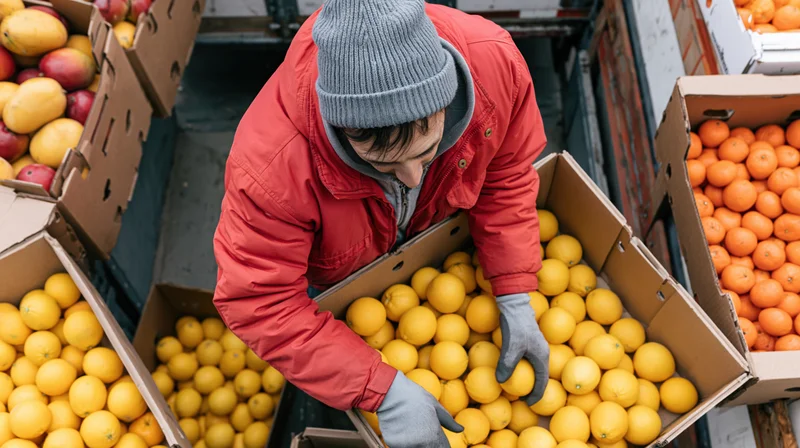 Worker sorting lemons in cardboard boxes in a warehouse loading area