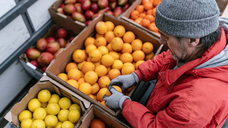 Man in red jacket and grey beanie inspecting oranges in cardboard boxes at grocery market