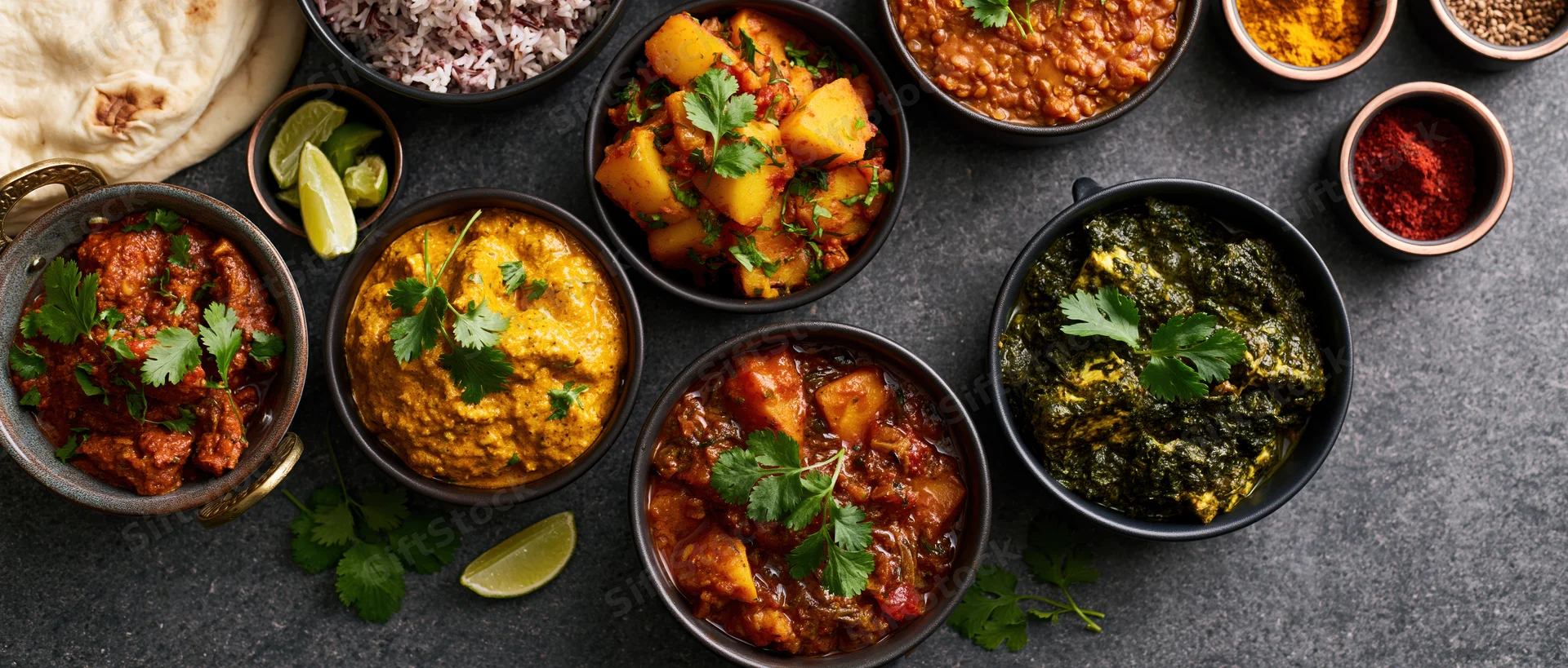 Overhead view of indian dishes arranged on dark concrete surface with bowls of curry, rice, naan, and spices