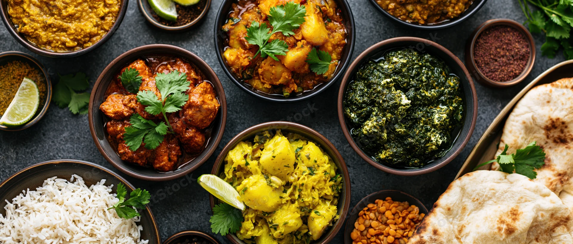 Overhead view of indian dishes arranged on dark concrete surface with bowls of curry, rice, naan, and garnishes