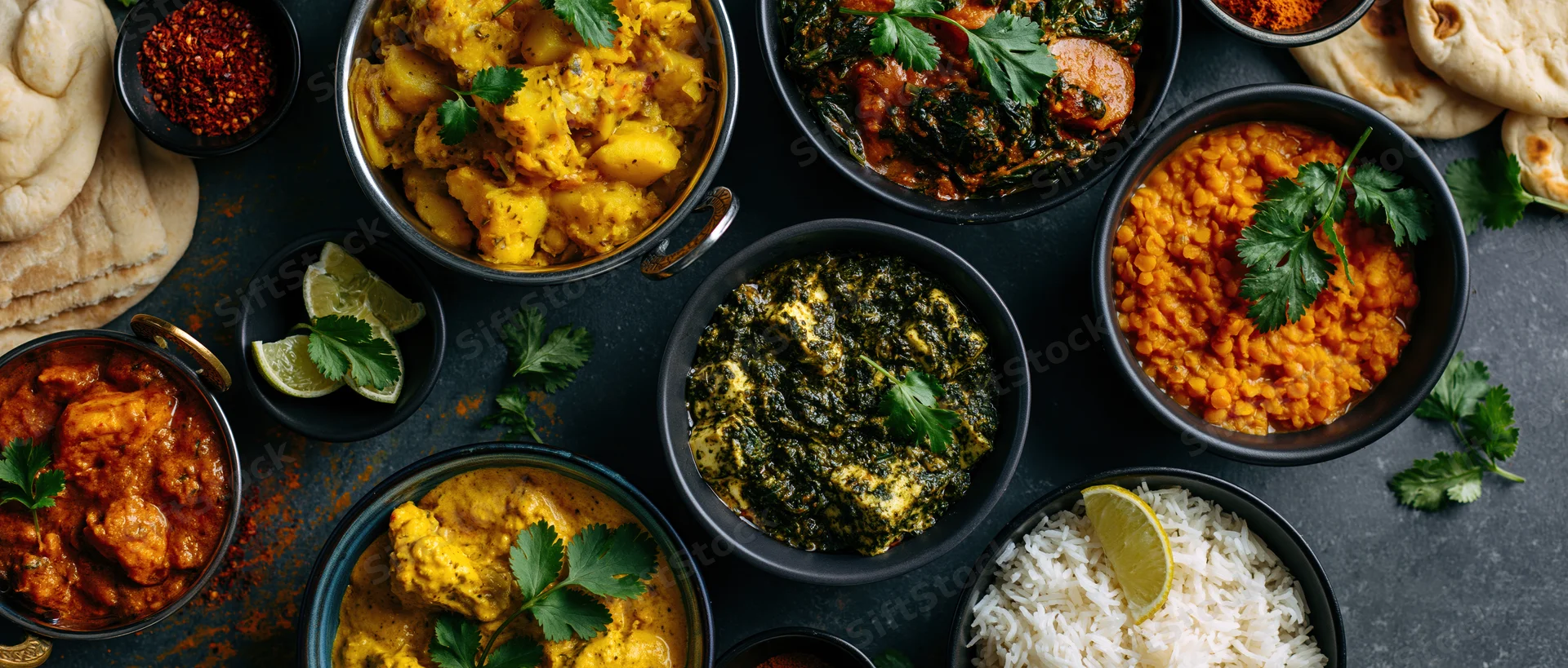 Overhead view of indian dishes arranged on dark concrete surface with bowls of curry, rice, lentils, spinach, potatoes, chicken, naan, and garnishes