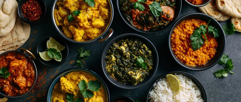 Overhead view of indian dishes arranged on dark concrete surface with bowls of curry, rice, lentils, spinach, potatoes, chicken, naan, and garnishes