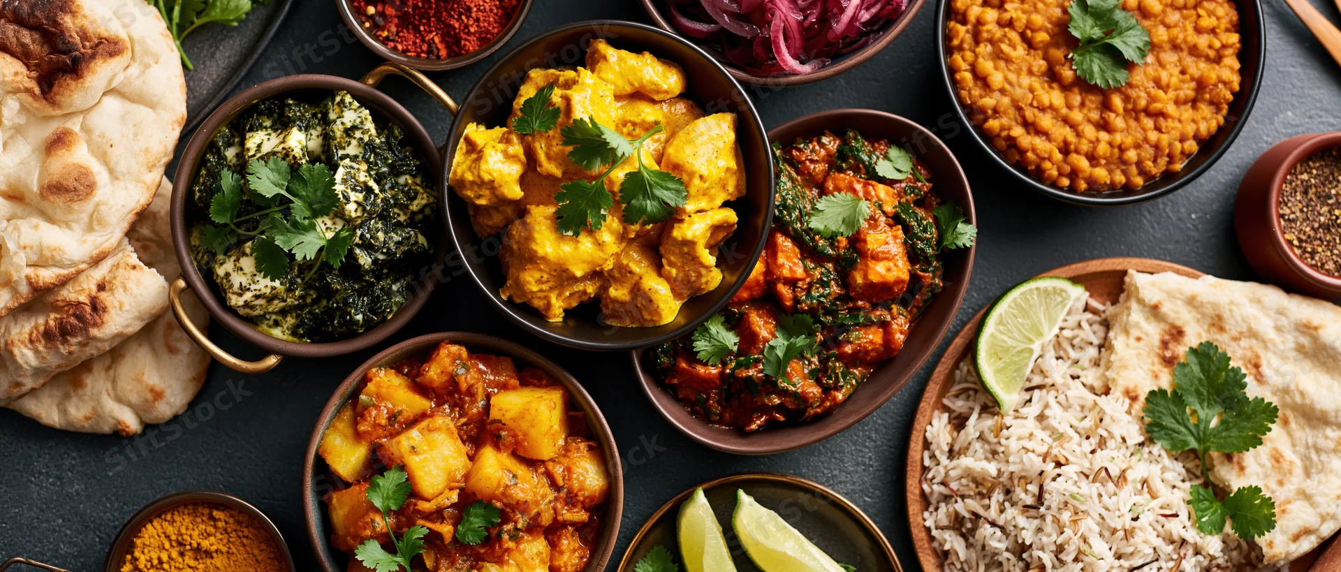 Overhead spread of indian dishes including curries, naan, rice and lentils arranged on dark concrete surface