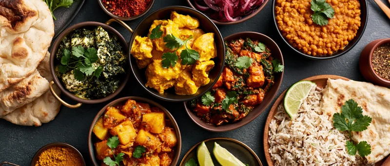 Overhead spread of indian dishes including curries, naan, rice and lentils arranged on dark concrete surface