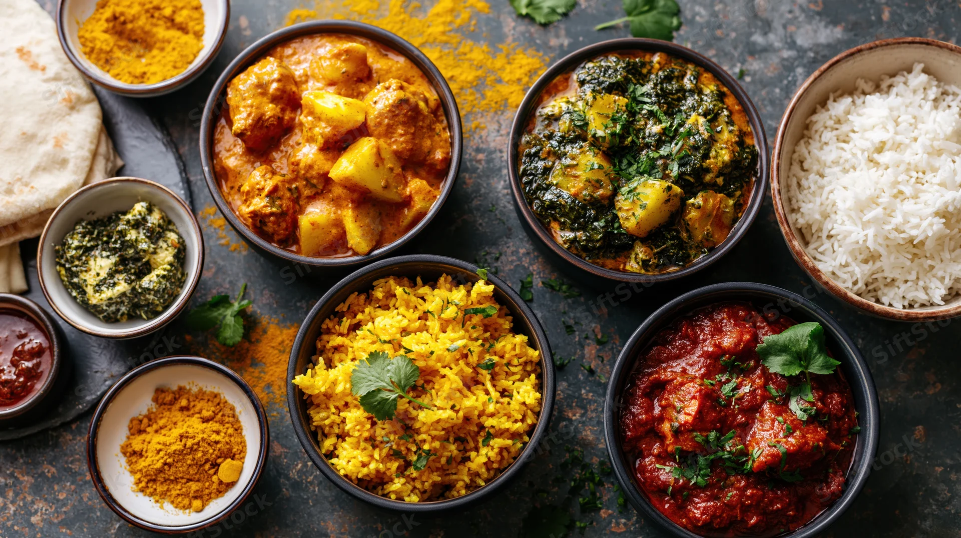 Overhead view of indian dishes arranged on dark textured surface with rice, curries, spices and flatbread