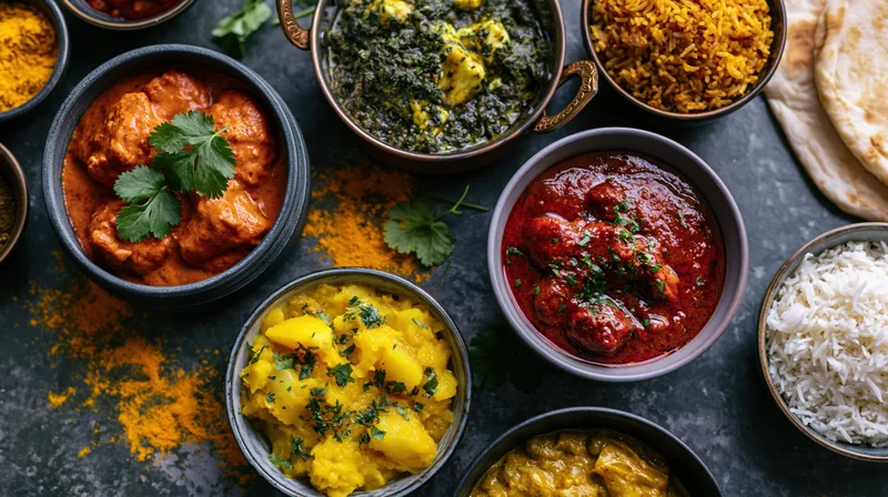 Overhead spread of indian dishes arranged on dark textured surface with bowls of curry, rice, naan and spices