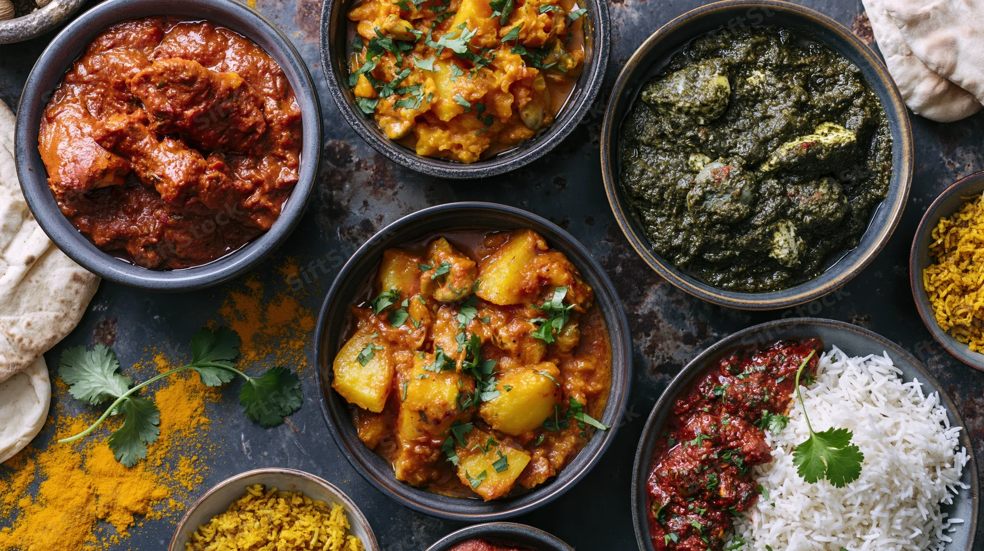 Overhead view of indian dishes arranged on dark weathered surface with bowls of curry, rice, naan, and spices