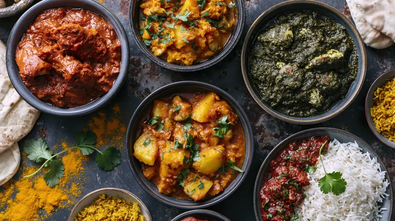 Overhead view of indian dishes arranged on dark weathered surface with bowls of curry, rice, naan, and spices