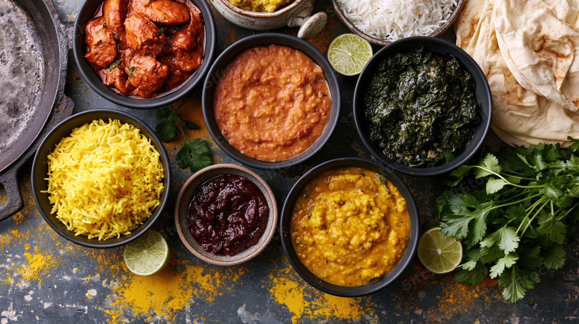 Overhead spread of indian dishes arranged on dark weathered surface with bowls of curry, rice, naan, and garnishes
