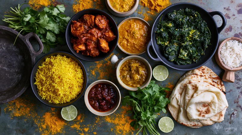 Overhead spread of indian dishes including curry, rice, naan and vegetables arranged on dark textured surface