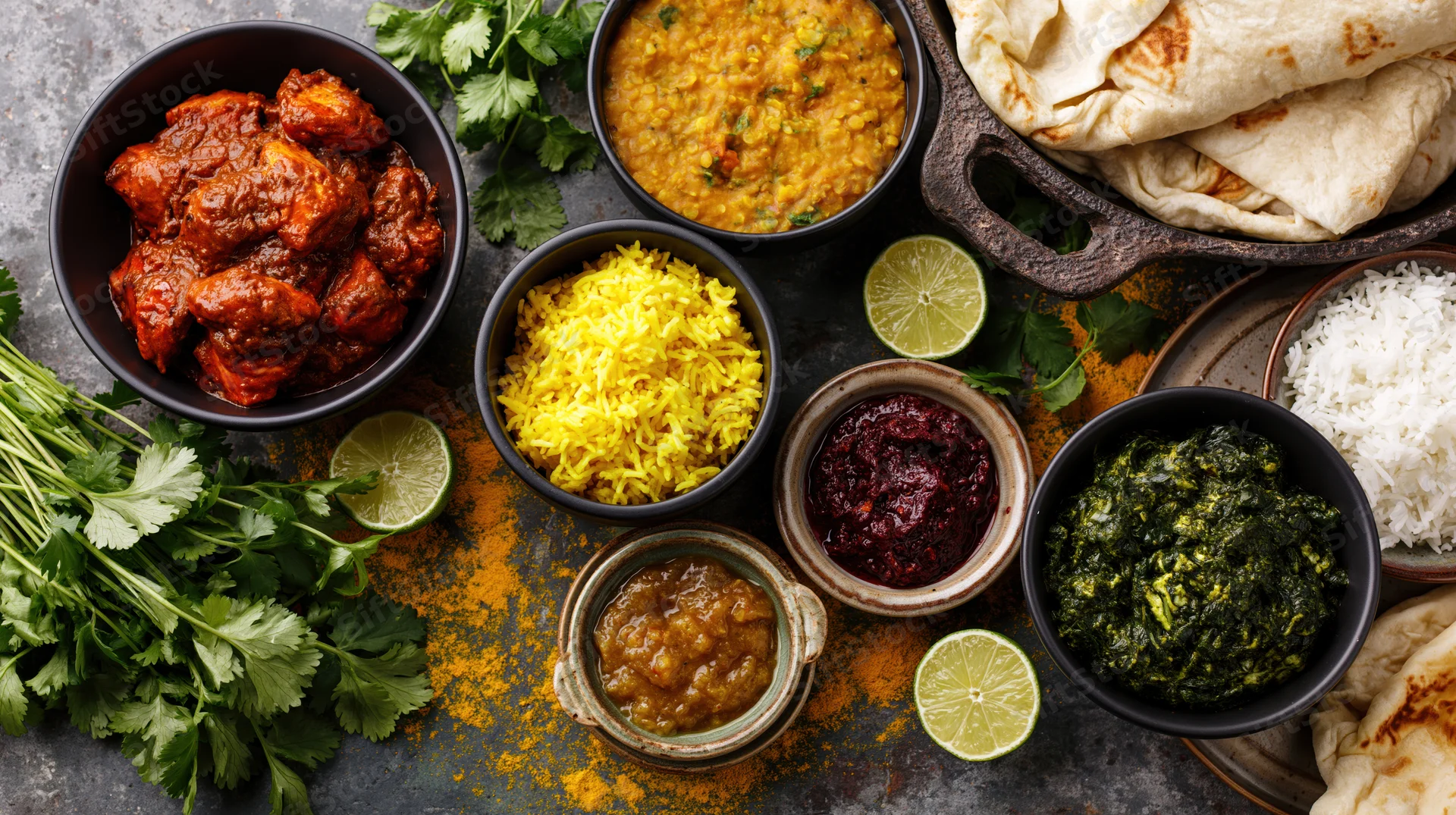 Overhead spread of indian dishes including curry, rice, dal, saag, naan, and chutney arranged on dark textured surface with lime and cilantro garnish