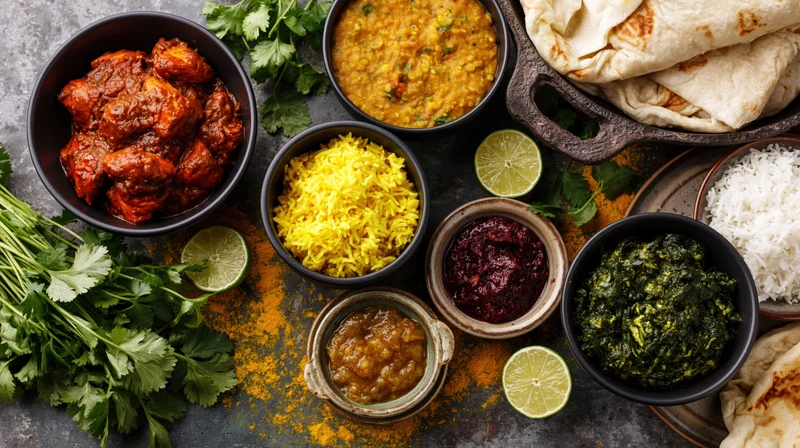 Overhead spread of indian dishes including curry, rice, dal, saag, naan, and chutney arranged on dark textured surface with lime and cilantro garnish
