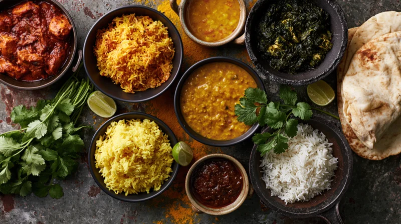 Overhead spread of indian dishes arranged on dark weathered surface with bowls of curry, rice, naan, and cilantro