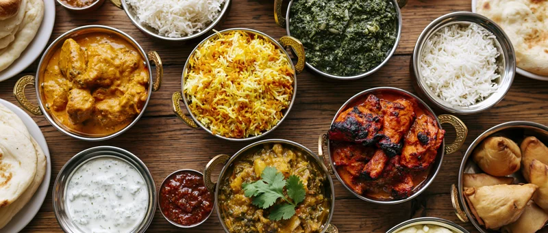Overhead view of indian food spread on a worn wooden table with various curries, rice, naan, samosas, and chutneys arranged in metal bowls and plates