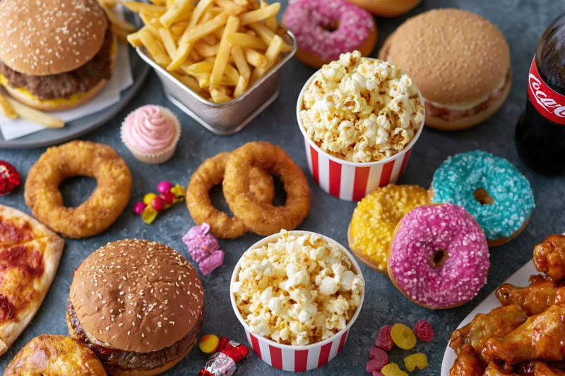 Overhead spread of assorted junk food including burgers, donuts, fries, popcorn, soda, and candy arranged on a dark surface
