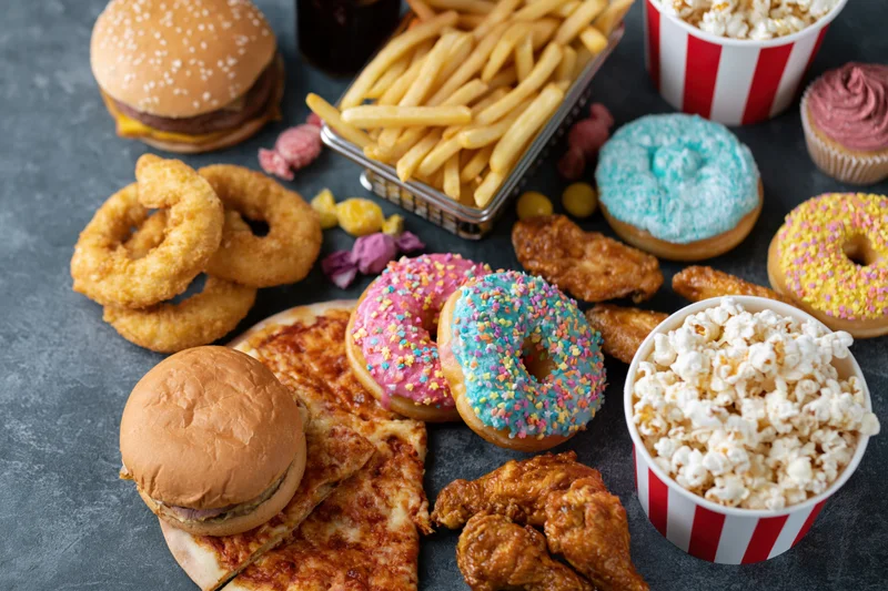 Overhead spread of assorted junk food arranged on dark surface