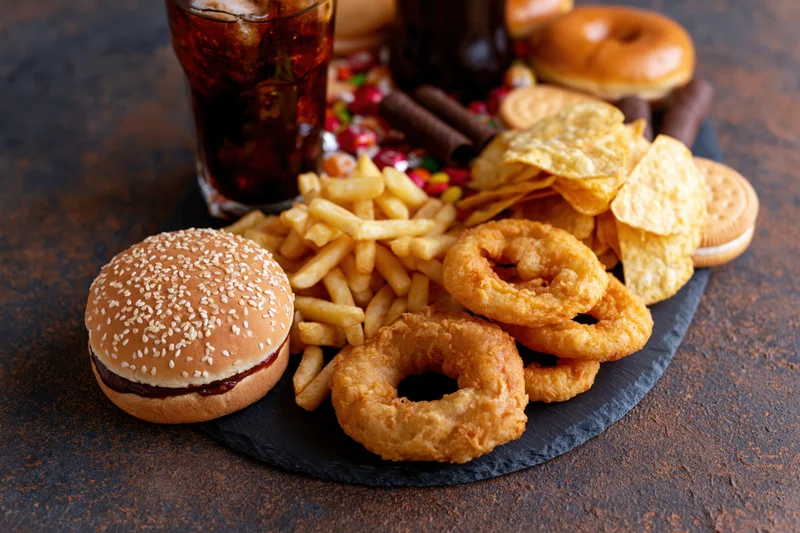 Overhead spread of junk food arranged on a dark slate board