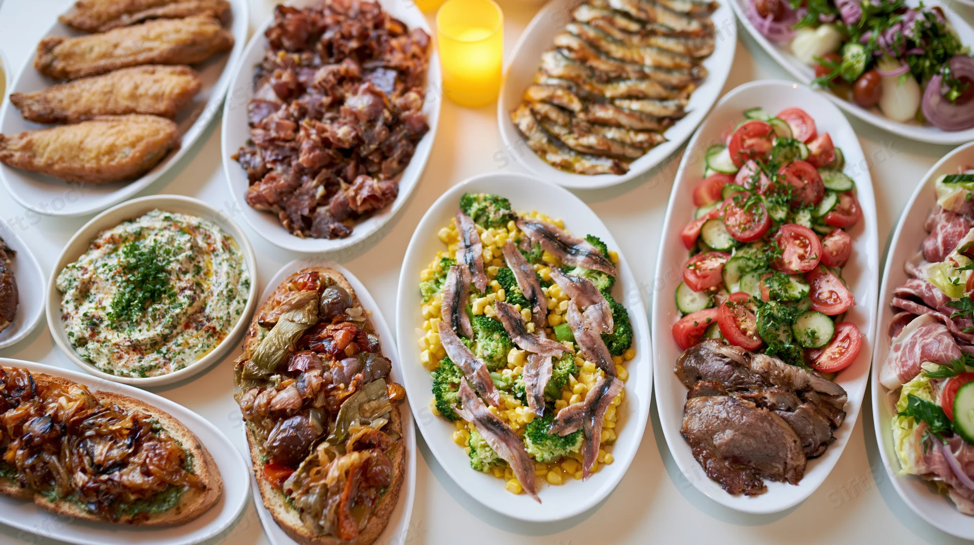Overhead view of a festive buffet table with assorted dishes arranged on white plates and platters, including meats,