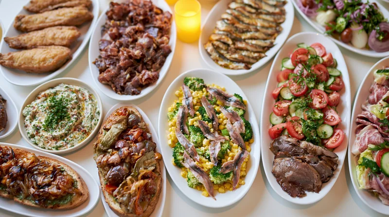 Overhead view of a festive buffet table with assorted dishes arranged on white plates and platters, including meats,