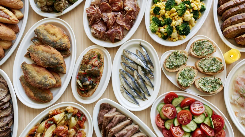 Overhead view of a festive buffet table filled with various dishes including fish, vegetables, meats, and breads arranged on white platters