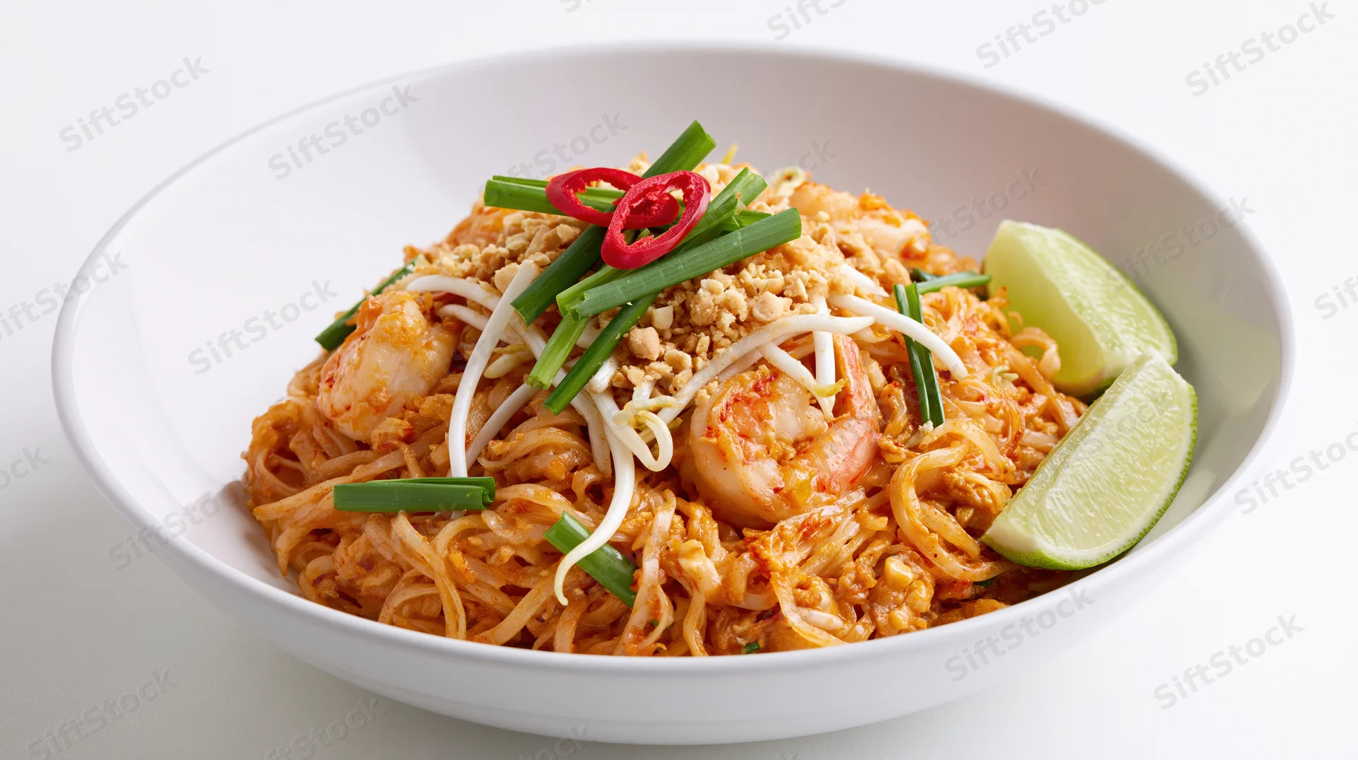 Pad thai noodles with shrimp and bean sprouts in a white bowl garnished with green onions and lime wedges