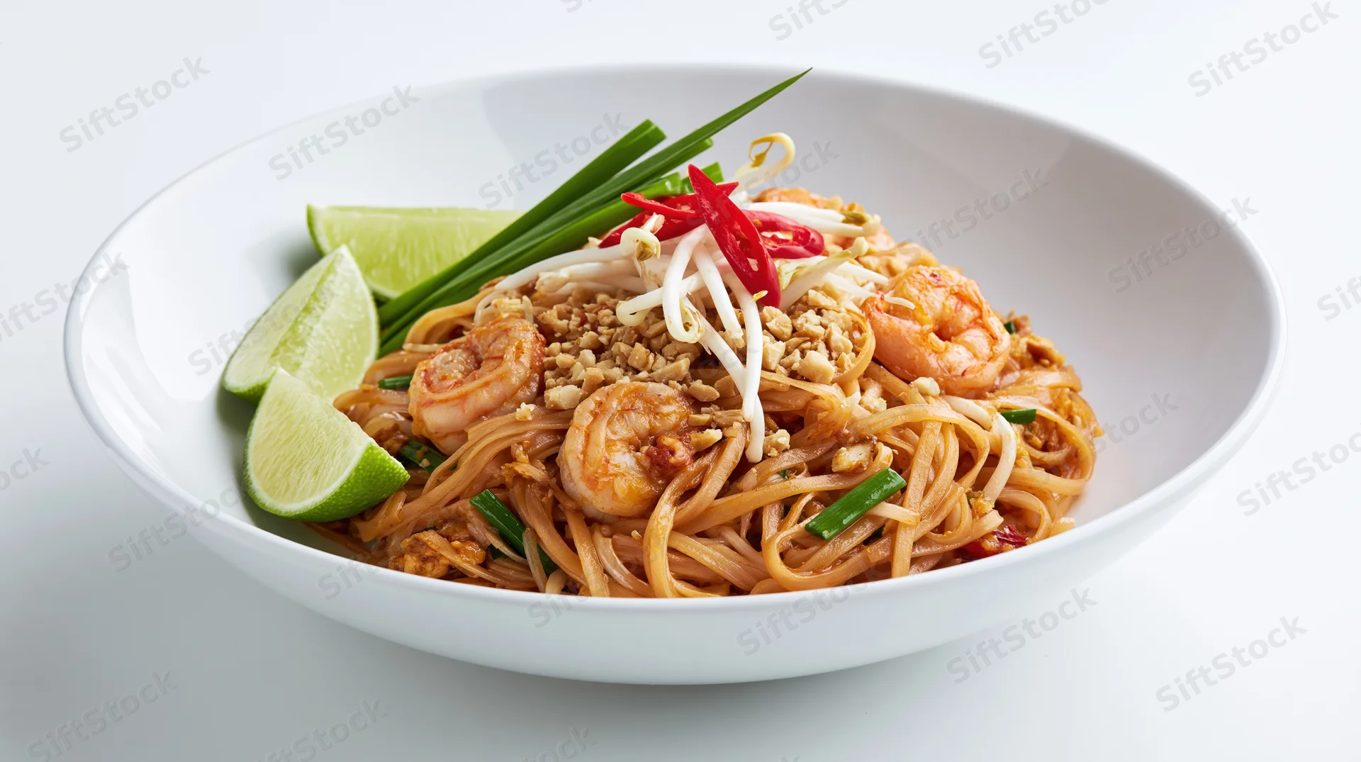Pad thai noodles with shrimp and bean sprouts in a white bowl garnished with lime and green onions