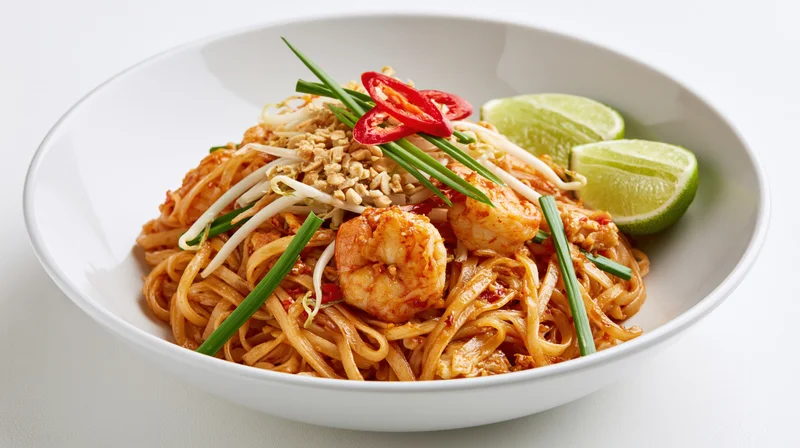 Pad thai noodles with shrimp and bean sprouts in a white bowl, garnished with lime, chili, and green onions