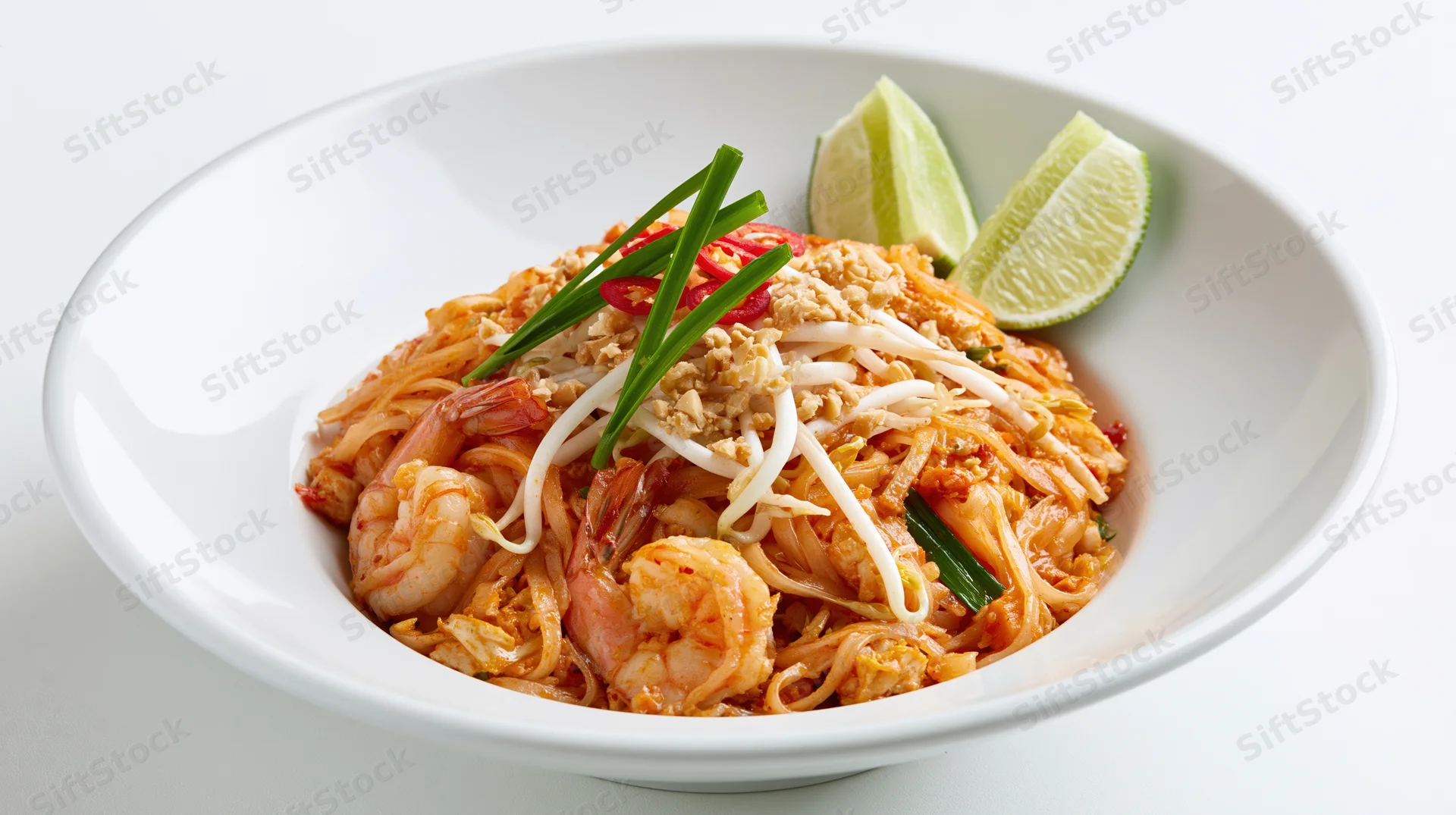 Pad thai noodles with shrimp and bean sprouts in a white bowl, garnished with lime and green onions