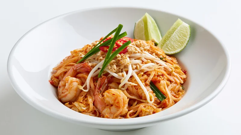 Pad thai noodles with shrimp and bean sprouts in a white bowl, garnished with lime and green onions