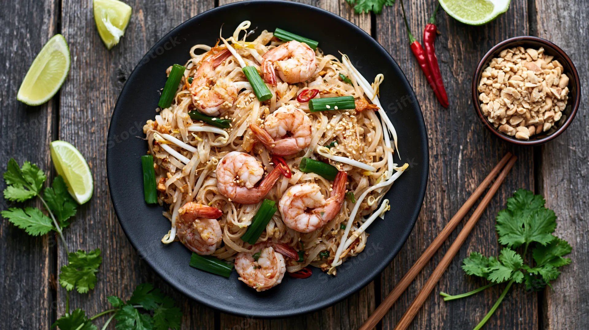 Pad thai with shrimp served in a black plate on a wooden table with chopsticks and garnishes