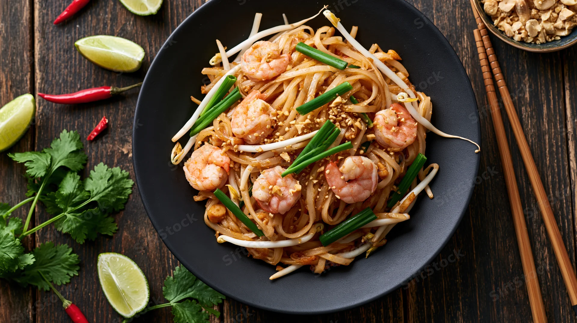 Pad thai with shrimp served in a black plate on a wooden table with lime, cilantro, chili, peanuts, and chopsticks arranged around it