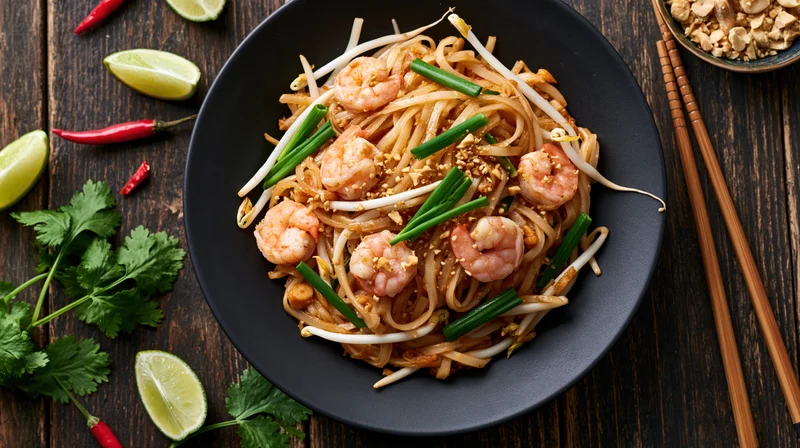 Pad thai with shrimp served in a black plate on a wooden table with lime, cilantro, chili, peanuts, and chopsticks arranged around it